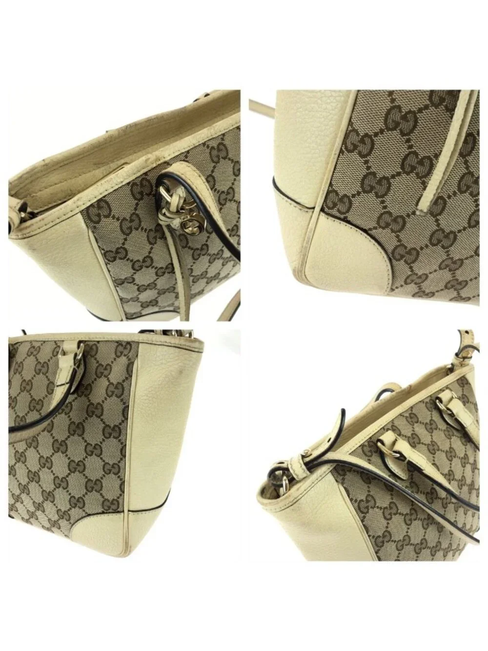 Gucci 2-Way Beige Gold GG Canvas Leather Shoulder Bag